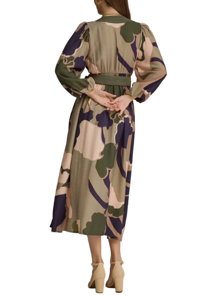 Printed long balloon sleeve midi dress with a V-neck and contrast stripe trim detail. Self-tie belt at waist. Side pockets. Lined. Woven. Non-sheer. Lightweight.