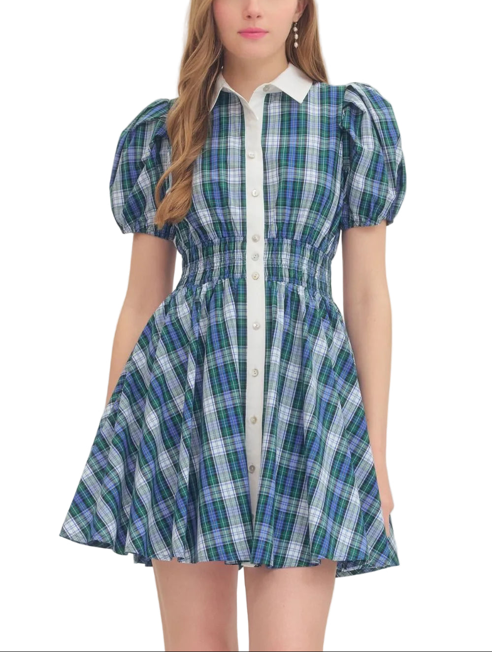 Plaid short puff sleeve mini dress featuring contrast collar. Button closure at front. Smocked waist. Side pockets. Lined. Woven. Non-sheer. Lightweight.