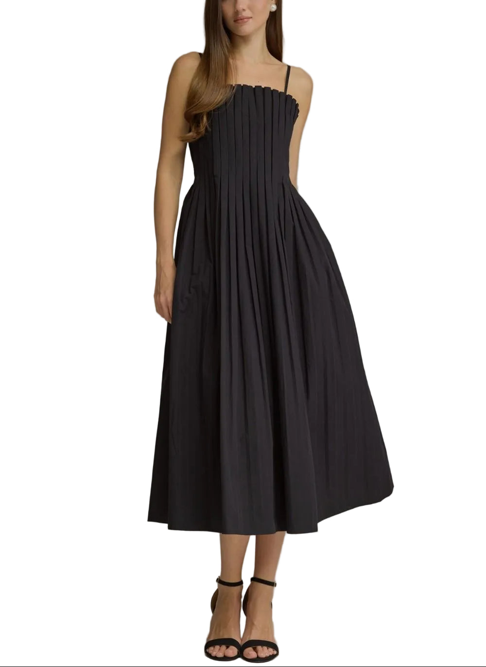 Solid sleeveless midi dress with a straight neckline and pleated bodice detail. Adjustable straps. Smocked back. Back zipper. Side pockets. Lined. Woven. Non-sheer. Lightweight.