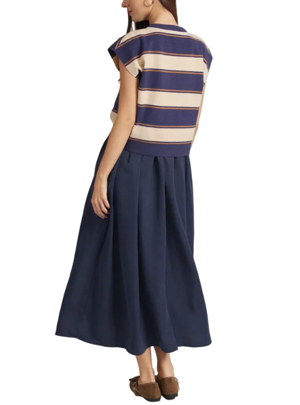 Stripe knit cap sleeve top and solid sleeveless midi dress set featuring removable pullover. Side pockets. Unlined. Woven. Non-sheer. Lightweight.
