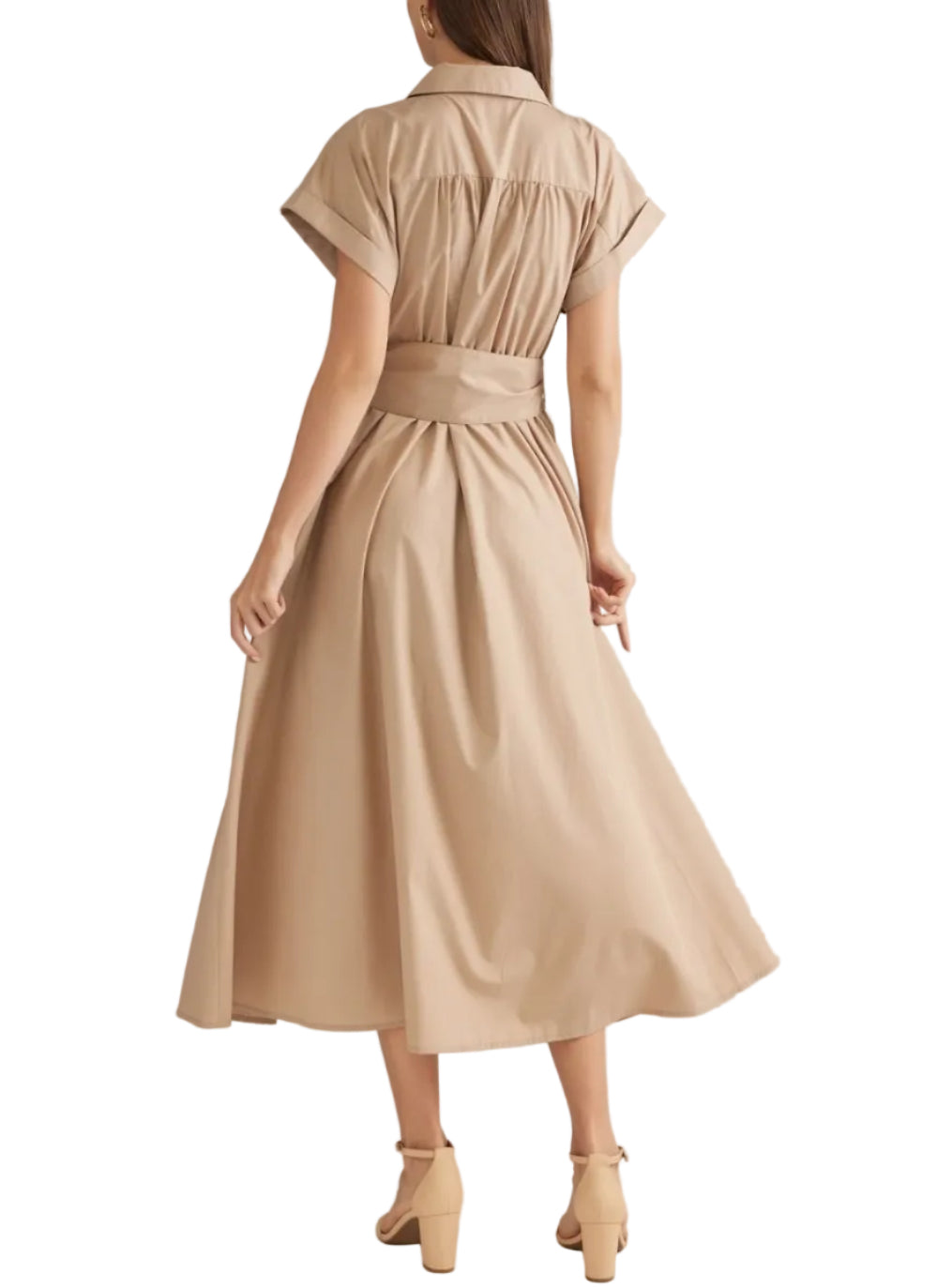 A woman shown from the back wearing a beige midi shirt dress with short sleeves, a collar, and a matching fabric tie belt at the waist, paired with beige high-heeled sandals against a light gray studio background.