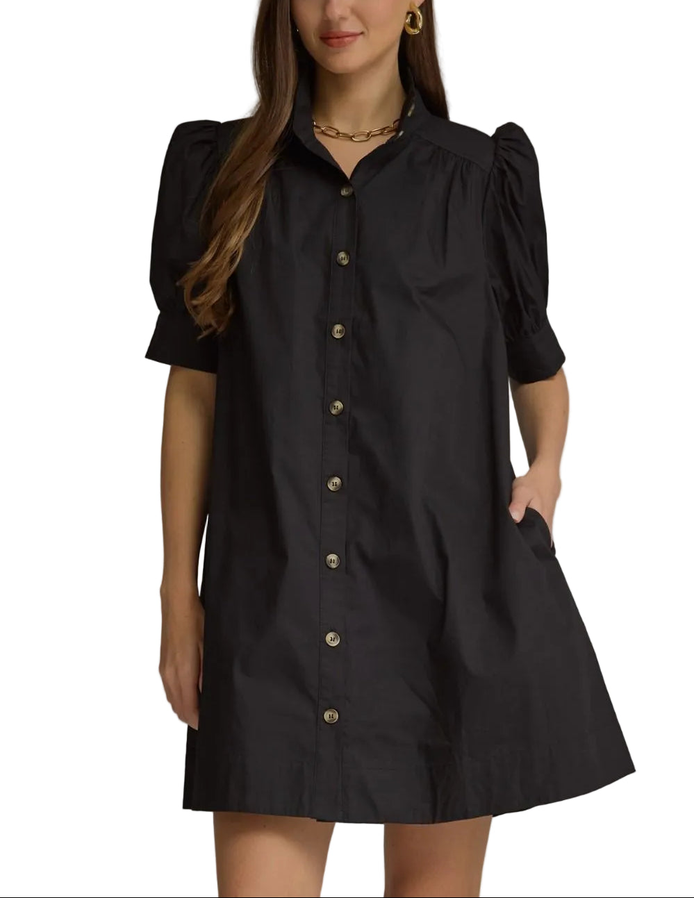 Solid short puff sleeve mini dress with a shirt collar and button closure at front. Button cuffs. Side pockets. Lined. Woven. Non-sheer. Lightweight.