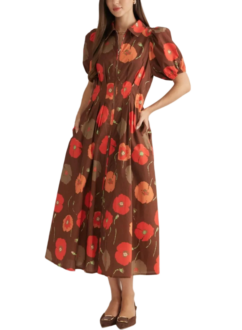 Brown Floral Midi Dress