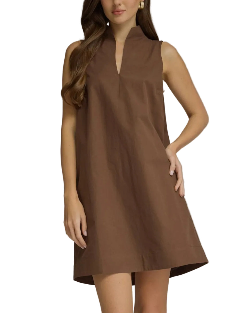 Solid sleeveless mini dress featuring a split neckline, standing neck band, and back pleat detail. Side zipper. Lined. Woven. Non-sheer. Lightweight.
