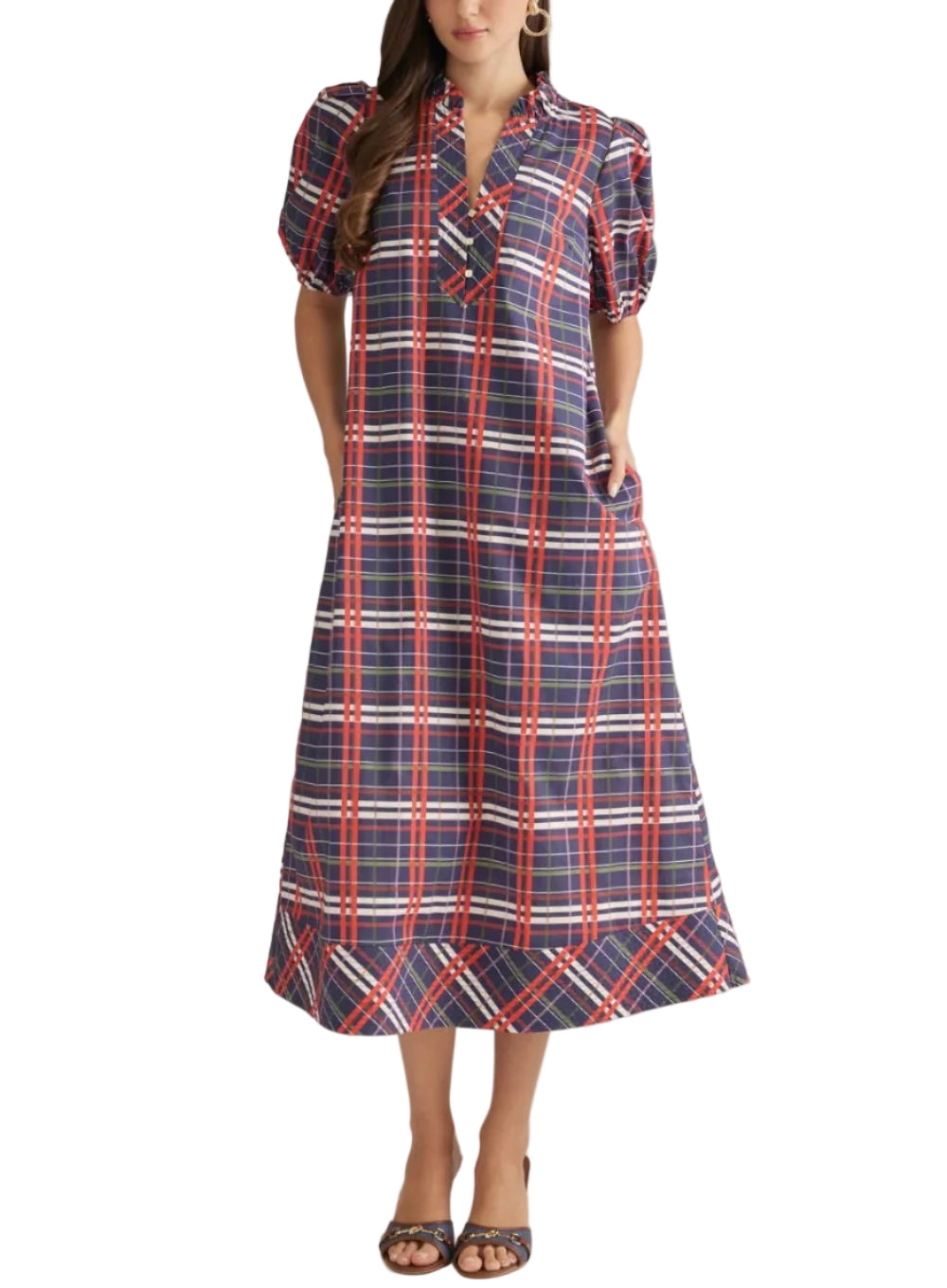 Plaid short puff sleeve midi dress with a ruffle stand collar and partial button closure at front. Side pockets. Contrast plaid detail at neckline and hem. Lined. Woven. Non-sheer. Lightweight.