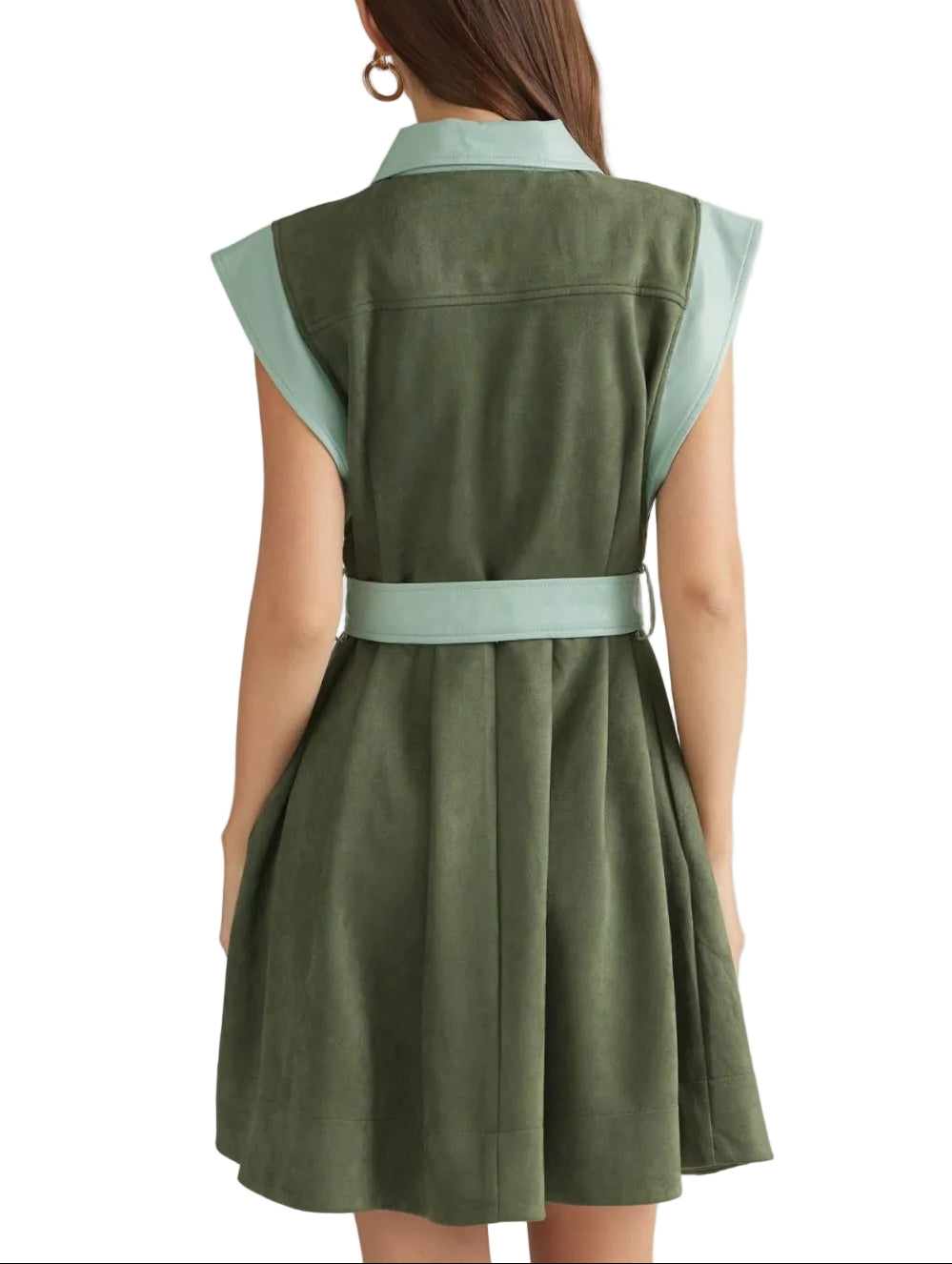 Solid sleeveless mini dress with a shirt collar and snap button closure at front. Contrast faux leather trim detail at collar, armholes, front, and belt. Self-tie belt at waist. Side pockets. Unlined. Woven. Non-sheer. Lightweight.