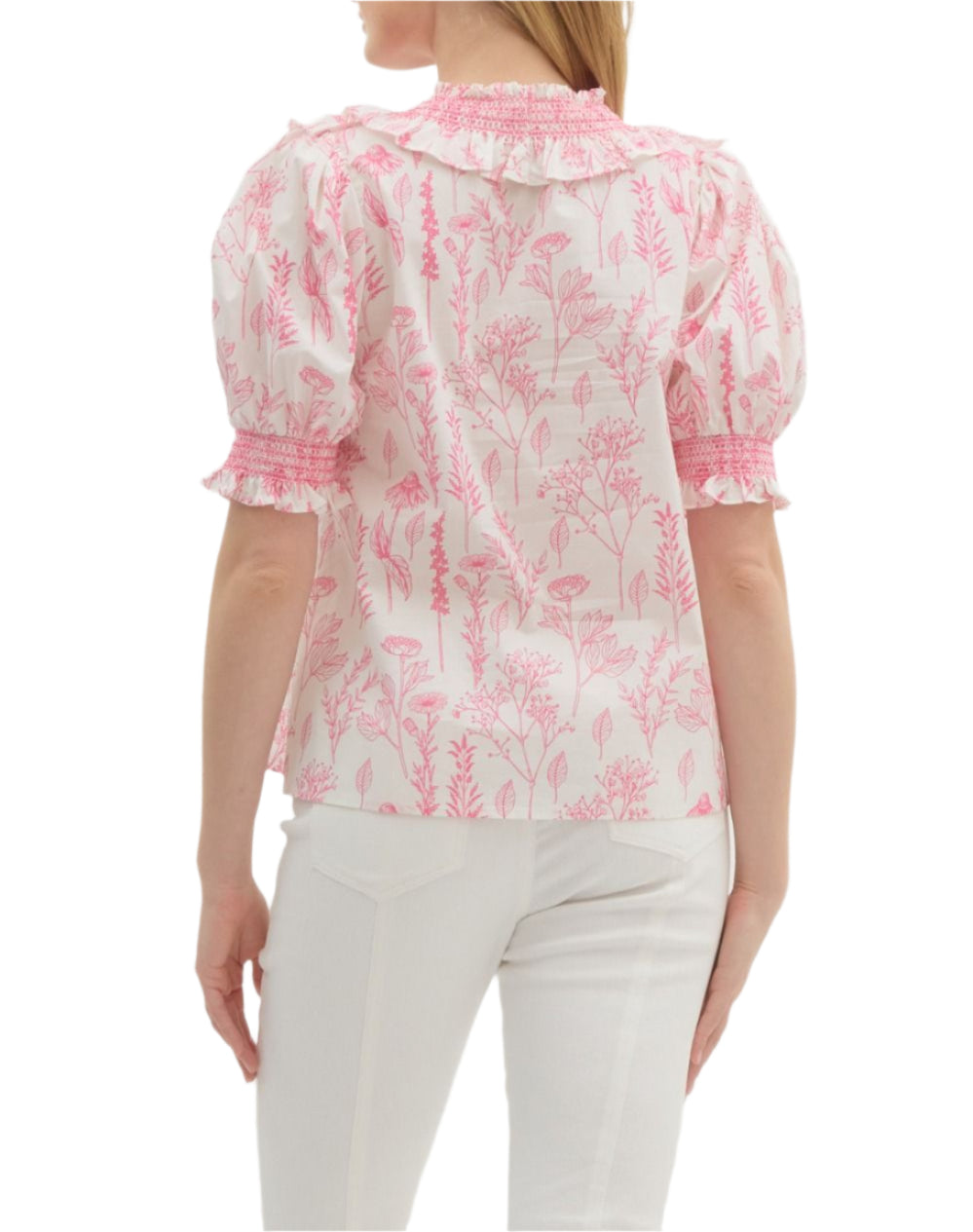 Print smock cuff elbow length sleeve pullover top featuring ruffle v-neck accented with smocked embroidery. Unlined. Woven. Non-sheer. Lightweight.