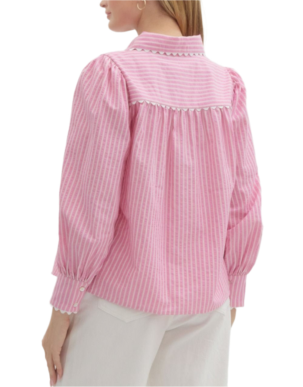 Striped textured collared front button closure top featuring voluminous long sleeve accented with scallop trim details. Unlined. Woven. Non-sheer. Lightweight.