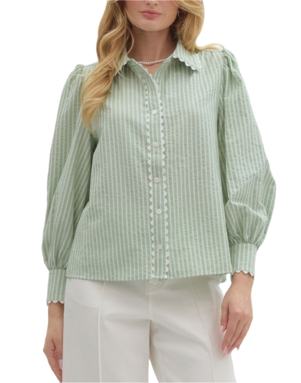 Striped textured collared front button closure top featuring voluminous long sleeve accented with scallop trim details. Unlined. Woven. Non-sheer. Lightweight.