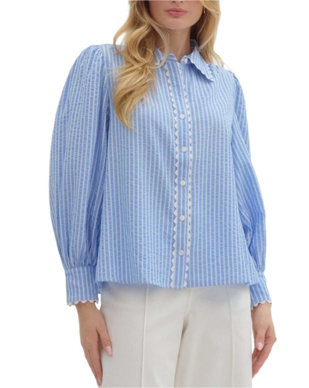 Striped textured collared front button closure top featuring voluminous long sleeve accented with scallop trim details. Unlined. Woven. Non-sheer. Lightweight.