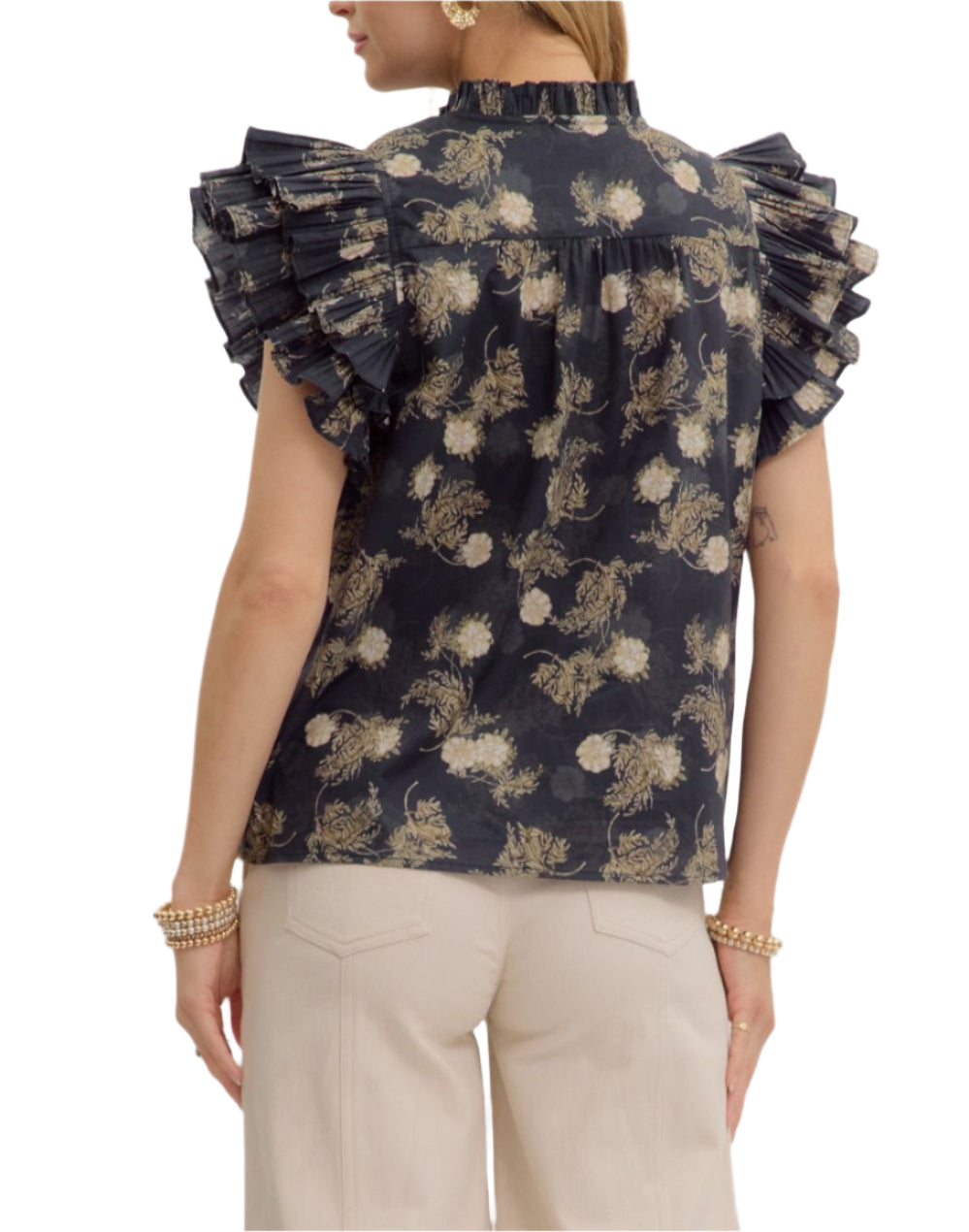 Vintage floral print pullover top featuring pleated tiered ruffle sleeves and neckline. Lined. Woven. Non-sheer. Lightweight.
