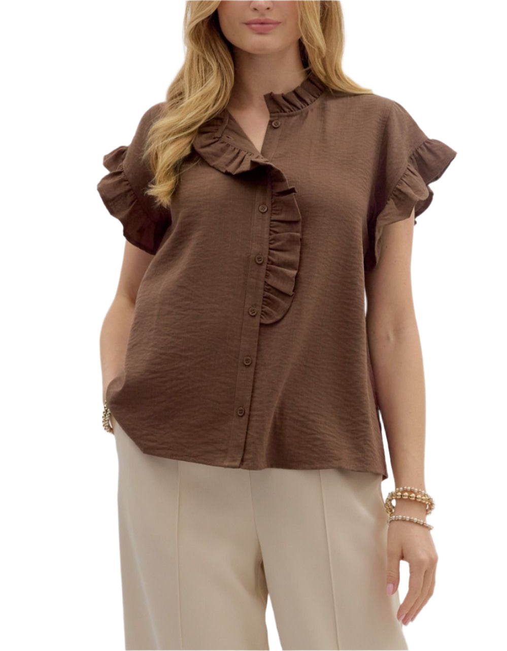 Solid short button front closure featuring ruffle accent. Unlined. Woven. Non-sheer. Lightweight.