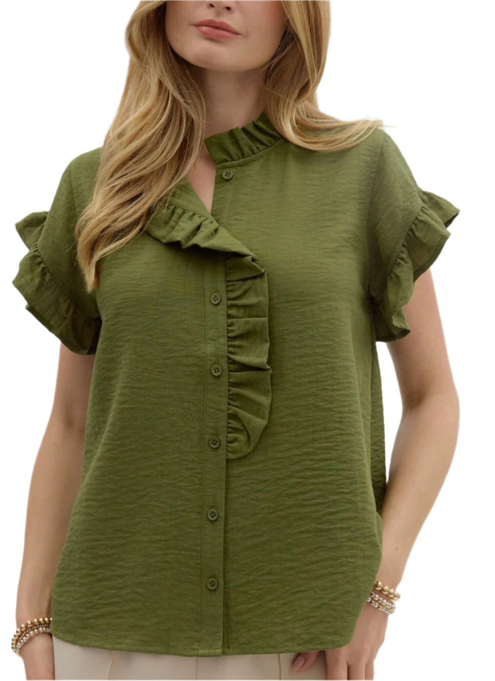 Solid short button front closure featuring ruffle accent. Unlined. Woven. Non-sheer. Lightweight.