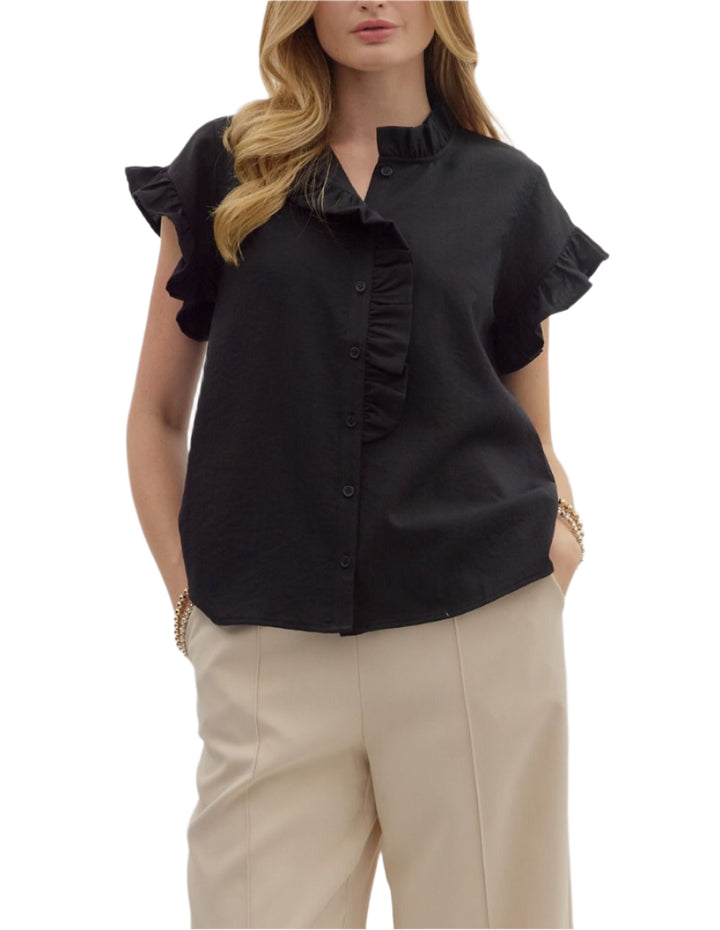 Solid short button front closure featuring ruffle accent. Unlined. Woven. Non-sheer. Lightweight.