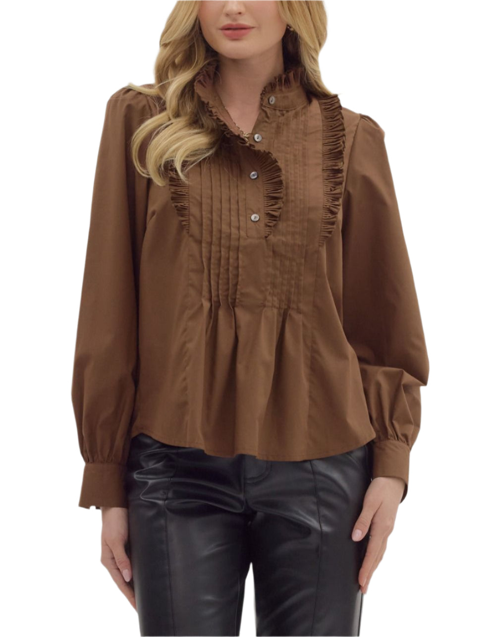 Solid long shirt sleeve pintuck top featuring frill accent band collar button closure at front. Unlined. Woven. Non-sheer. Lightweight.