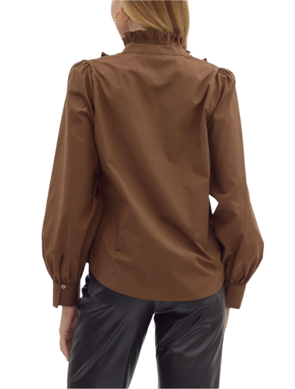 Solid long shirt sleeve pintuck top featuring frill accent band collar button closure at front. Unlined. Woven. Non-sheer. Lightweight.