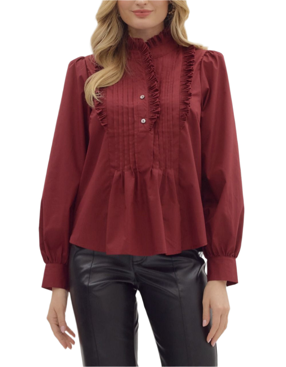 Solid long shirt sleeve pintuck top featuring frill accent band collar button closure at front. Unlined. Woven. Non-sheer. Lightweight.