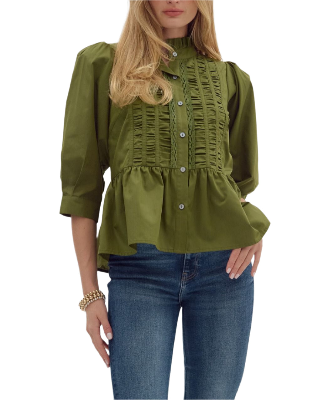 Solid cuff ¾ sleeve ruffle hem high neck button closure top featuring ruching accent detail. Unlined. Woven. Non-sheer. Lightweight.