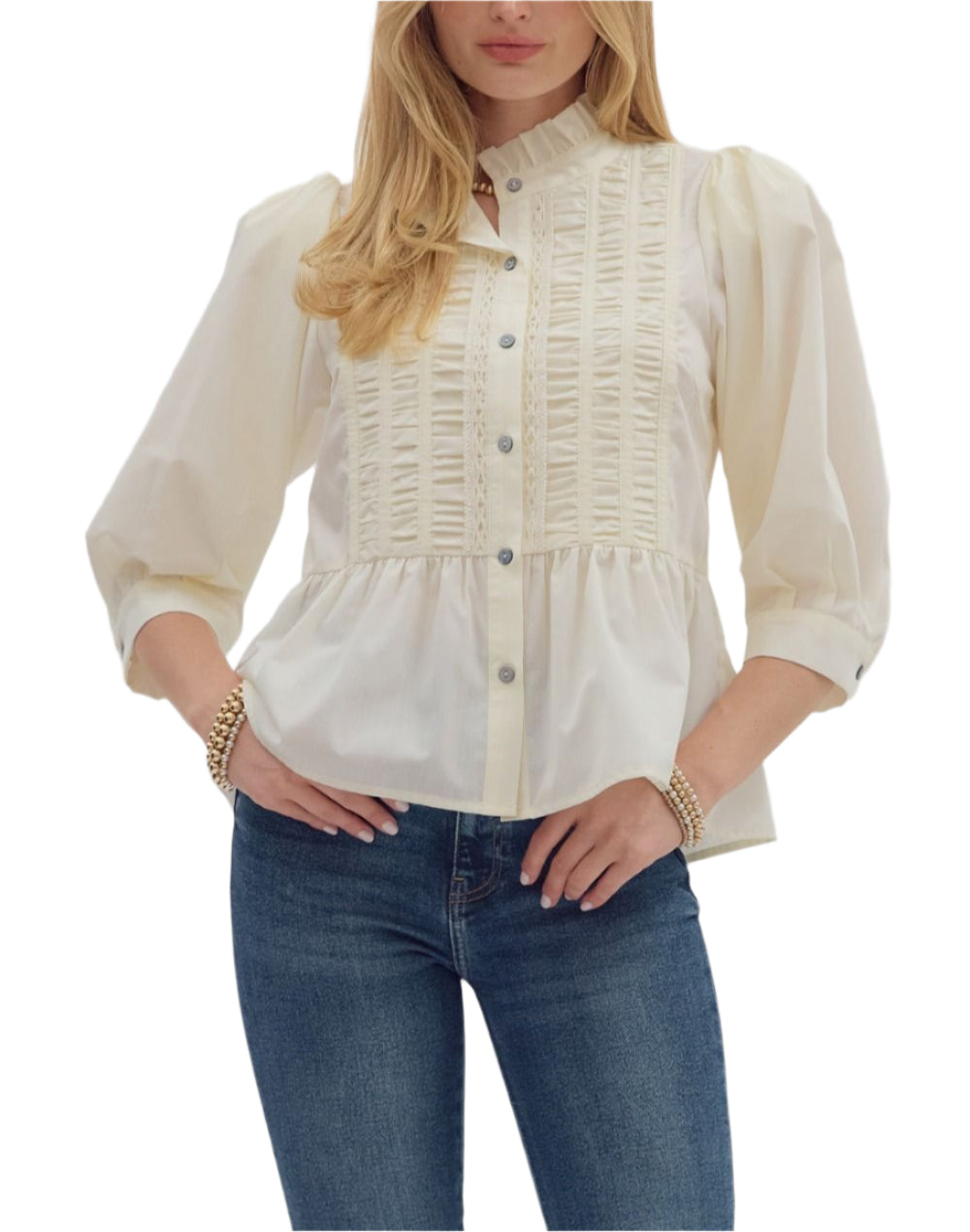 Solid cuff ¾ sleeve ruffle hem high neck button closure top featuring ruching accent detail. Unlined. Woven. Non-sheer. Lightweight.