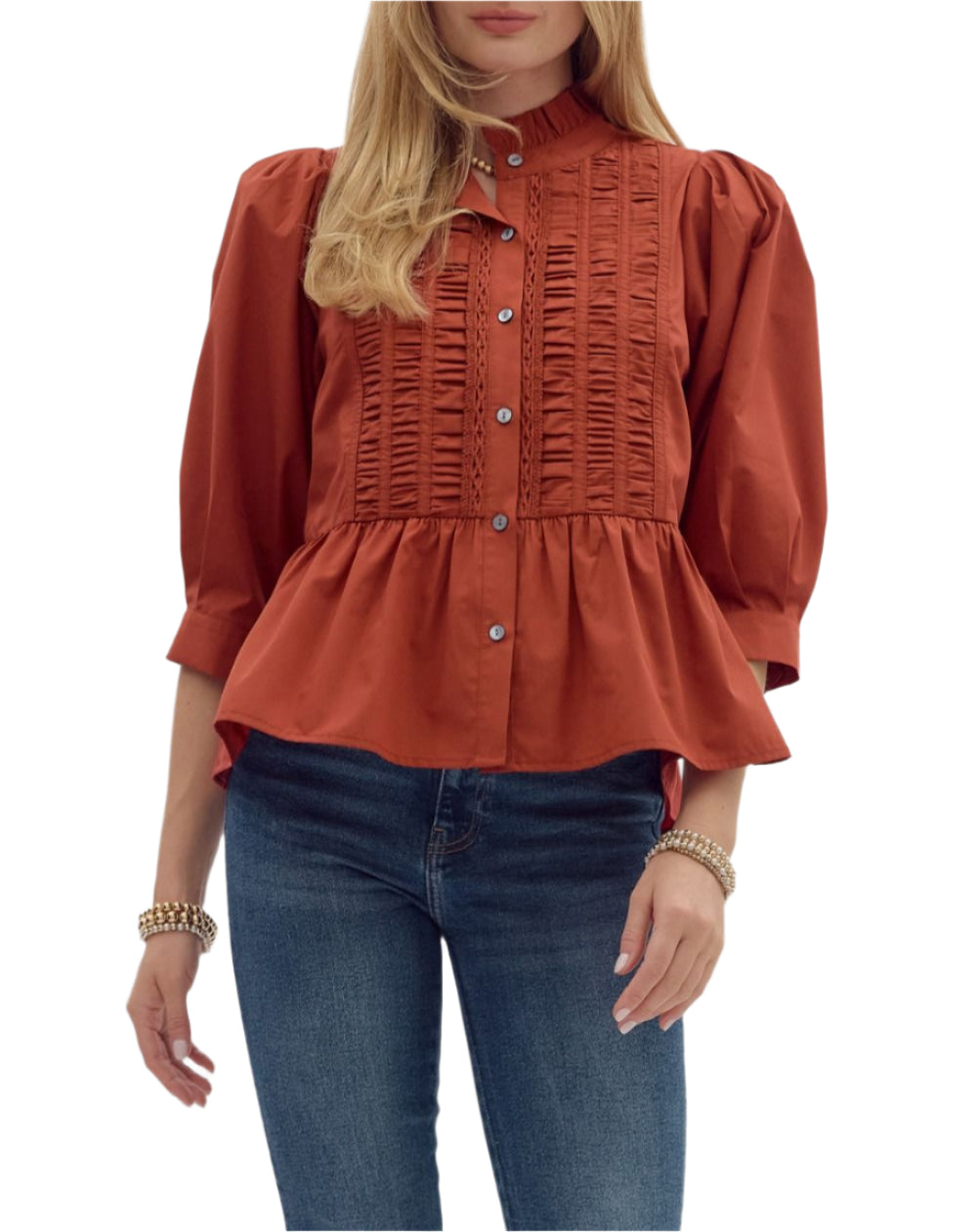 Solid cuff ¾ sleeve ruffle hem high neck button closure top featuring ruching accent detail. Unlined. Woven. Non-sheer. Lightweight.