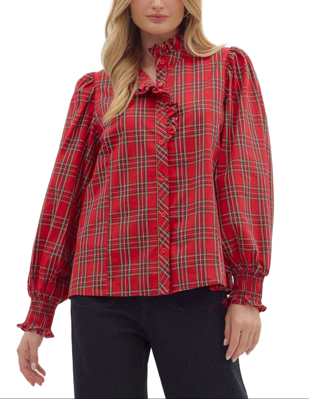 Plaid long sleeve blouse featuring ruffle-accented button-down front. High ruffle neck. Smocked elasticized cuffs. Unlined. Woven. Non-sheer. Lightweight.