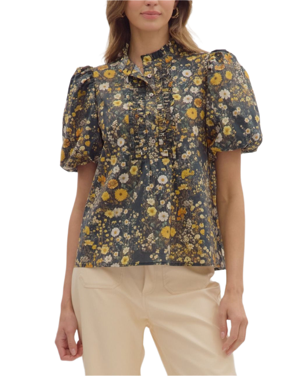 Floral print ruffle band colllar short bubble sleeve top featuring ruffle smocked frill accent button closure at front. Unlined. Woven. Non-sheer. Lightweight.
