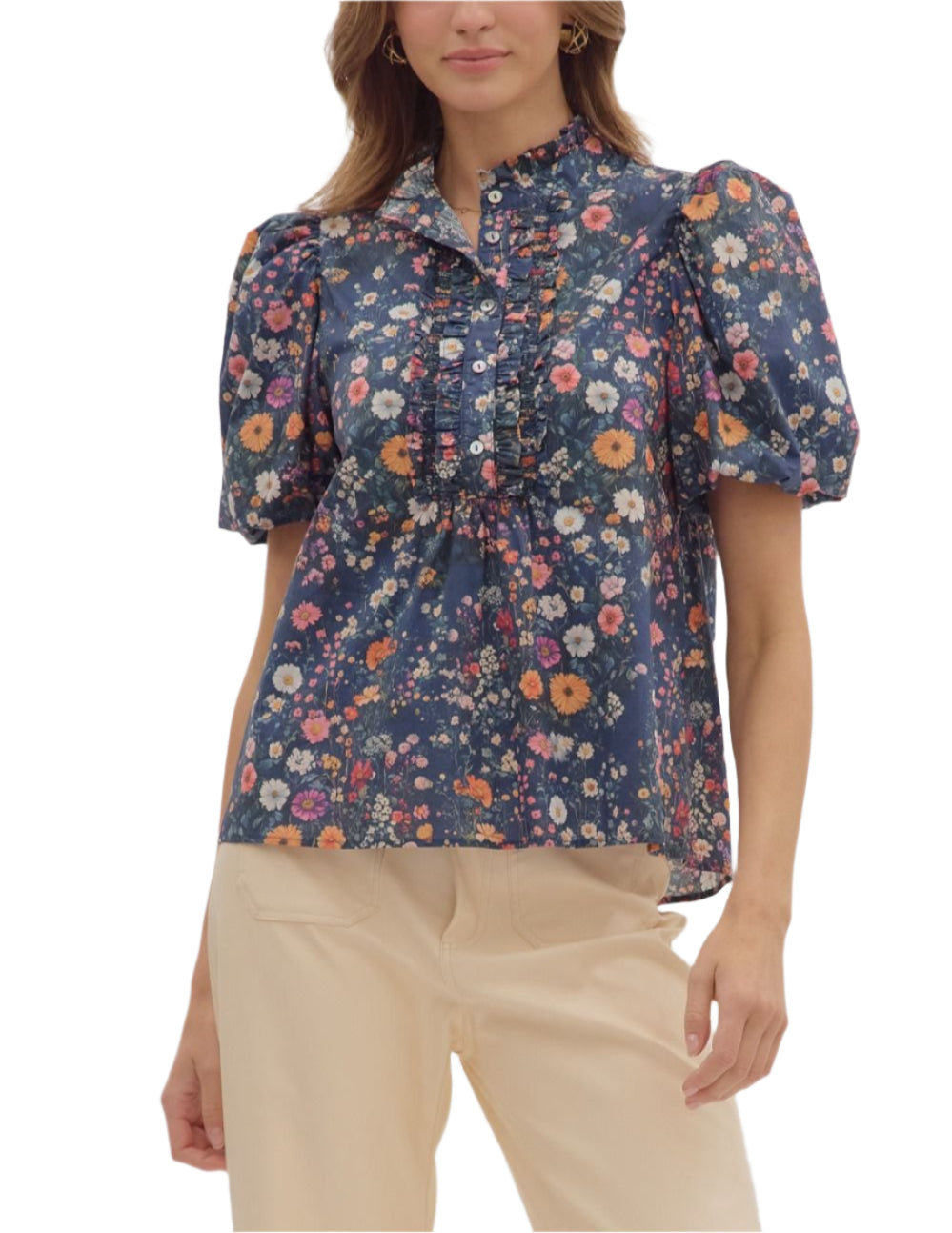 Floral print ruffle band colllar short bubble sleeve top featuring ruffle smocked frill accent button closure at front. Unlined. Woven. Non-sheer. Lightweight.
