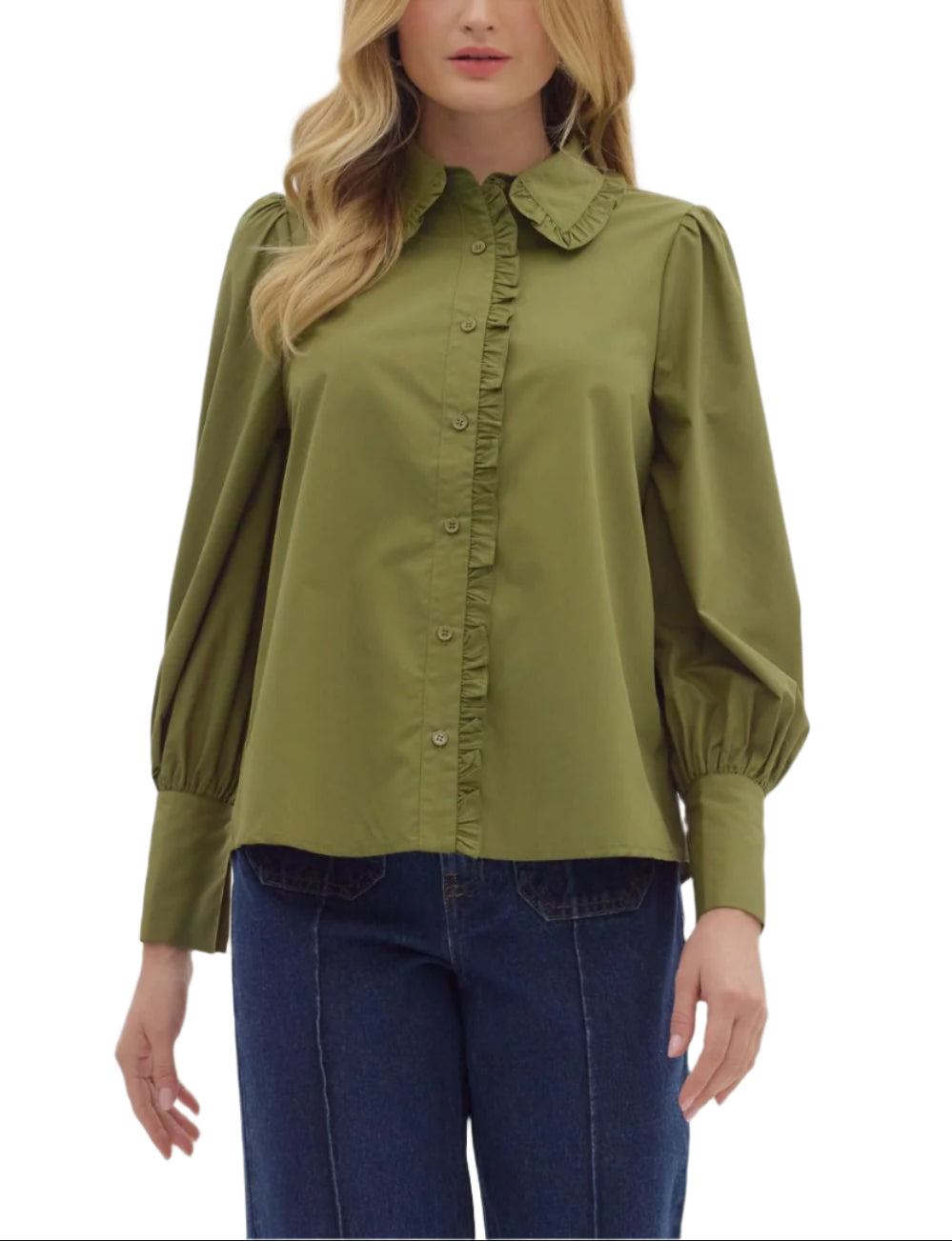 Solid long shirt sleeve collar button closure top featuring ruffle accent detailing. Unlined. Woven. Non-sheer. Lightweight.