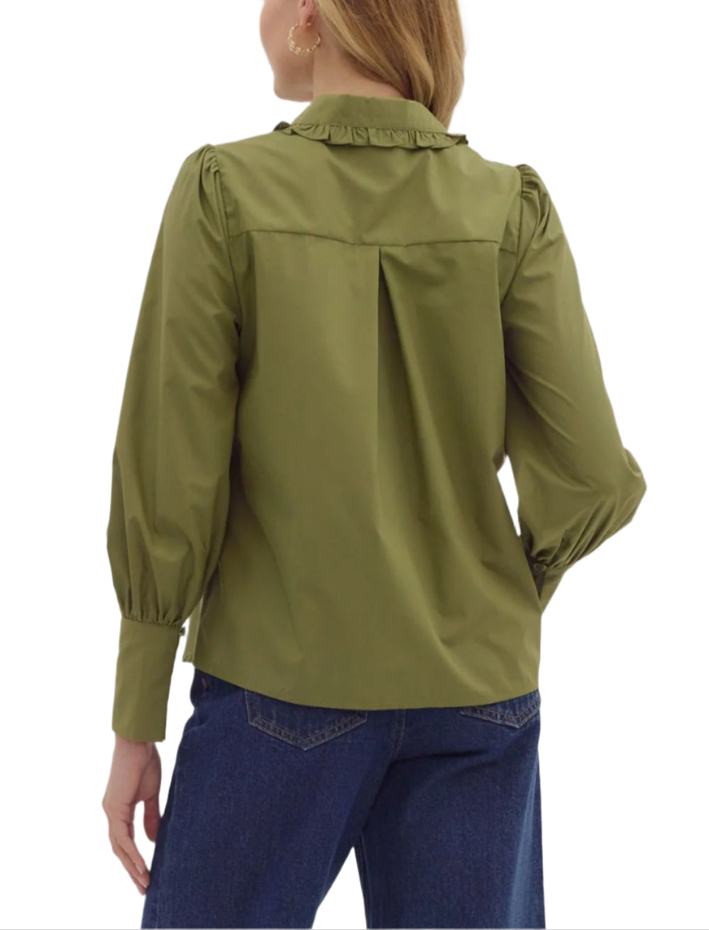 Solid long shirt sleeve collar button closure top featuring ruffle accent detailing. Unlined. Woven. Non-sheer. Lightweight.