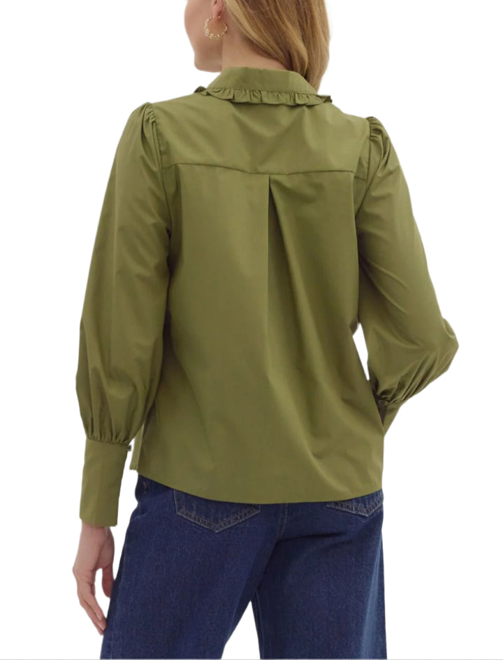 Solid long shirt sleeve collar button closure top featuring ruffle accent detailing. Unlined. Woven. Non-sheer. Lightweight.