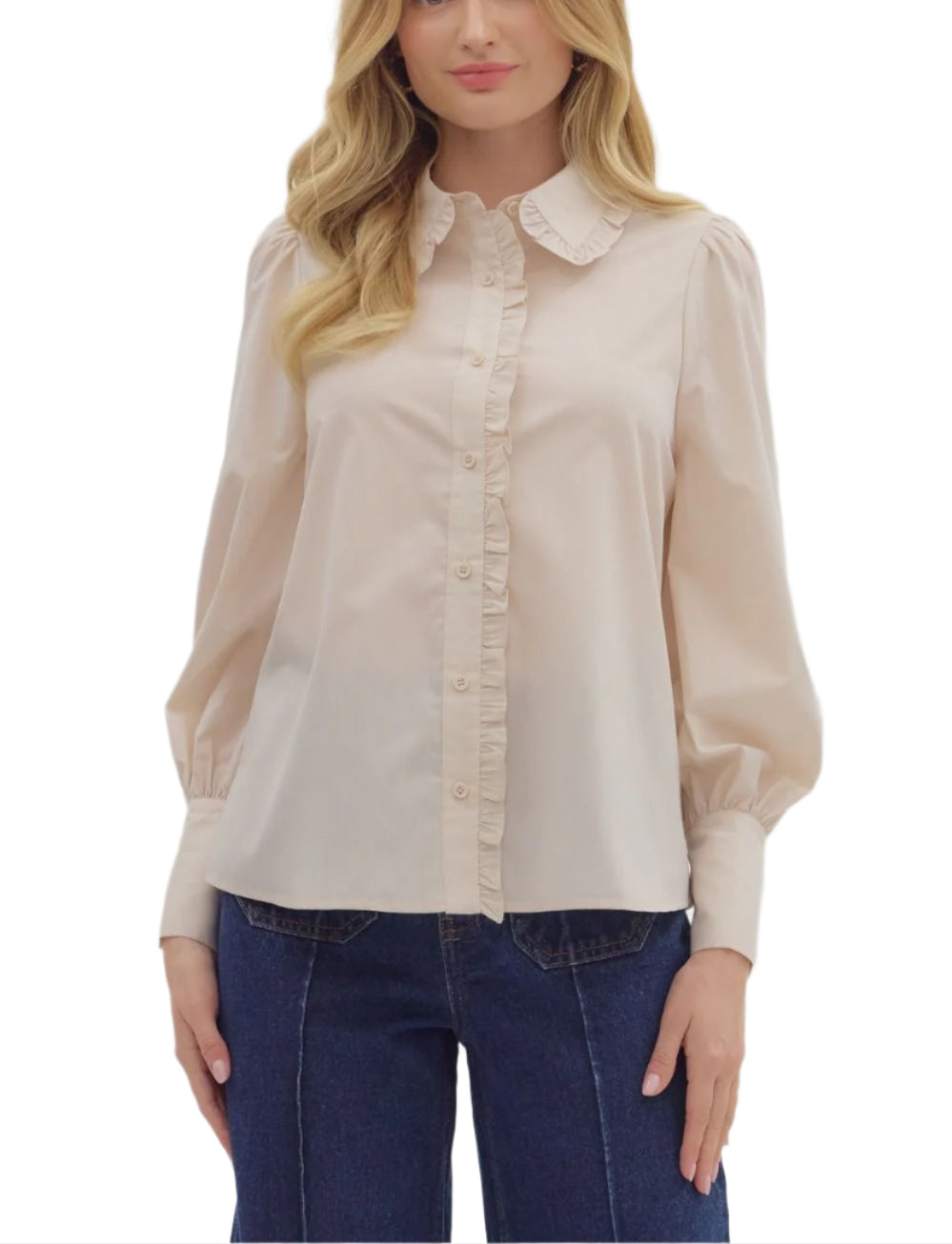 Solid long shirt sleeve collar button closure top featuring ruffle accent detailing. Unlined. Woven. Non-sheer. Lightweight.