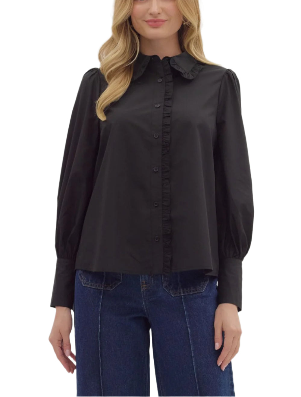 Solid long shirt sleeve collar button closure top featuring ruffle accent detailing. Unlined. Woven. Non-sheer. Lightweight.