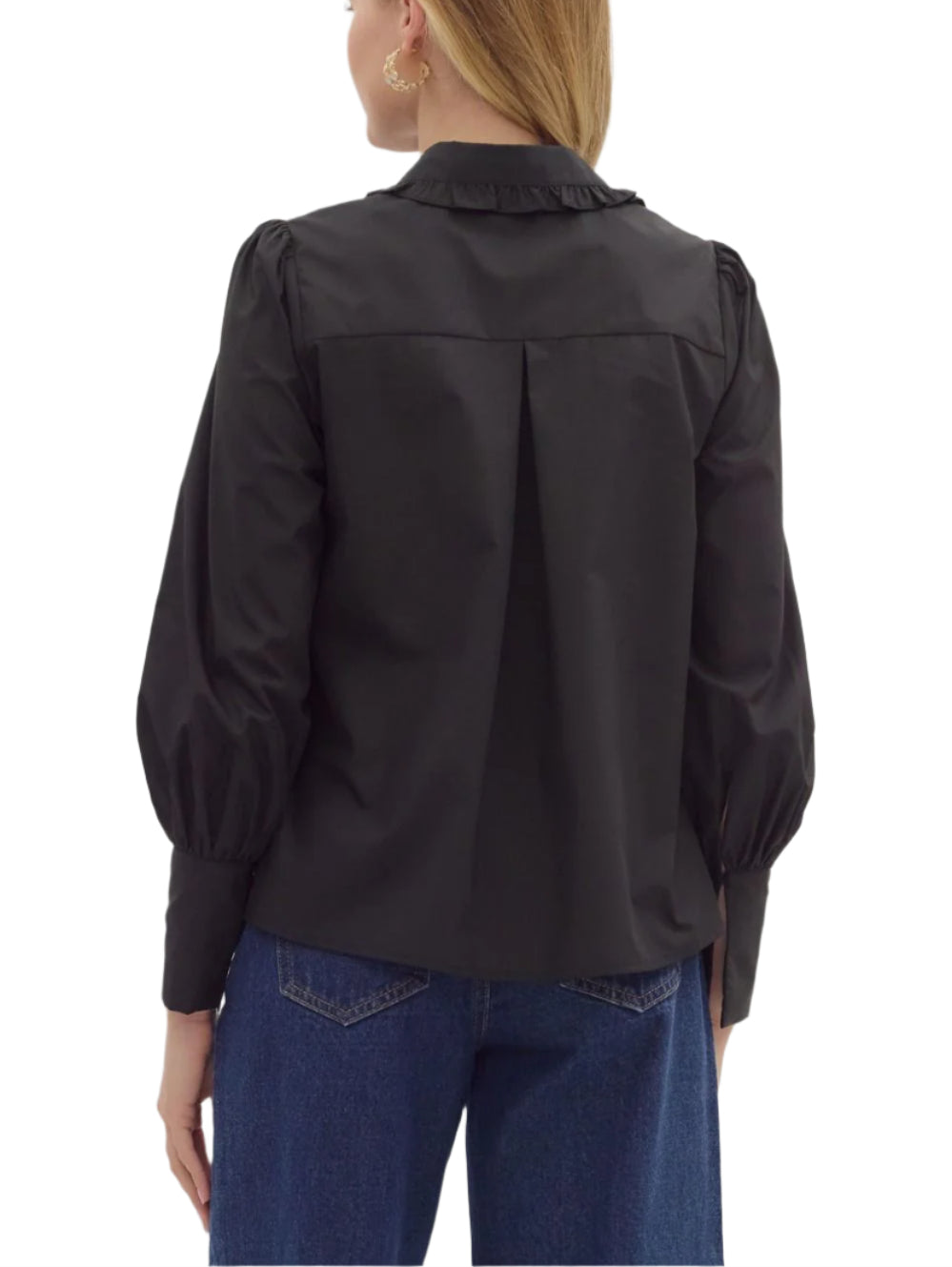 Solid long shirt sleeve collar button closure top featuring ruffle accent detailing. Unlined. Woven. Non-sheer. Lightweight.