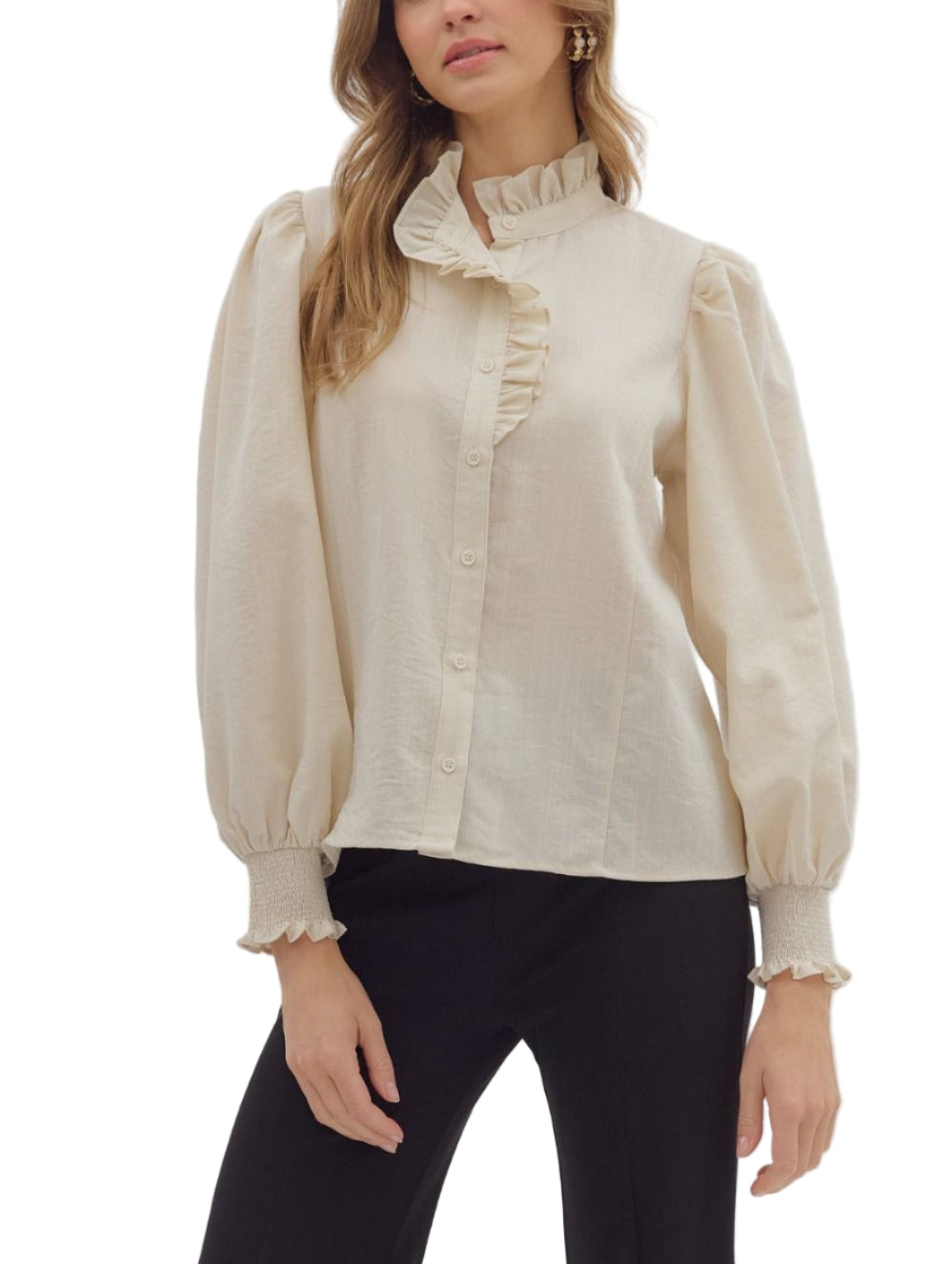 Solid smocked cuff band long sleeve top. Ruffle accent band collar button front closure. Lined. Woven. Non-sheer. Lightweight.
