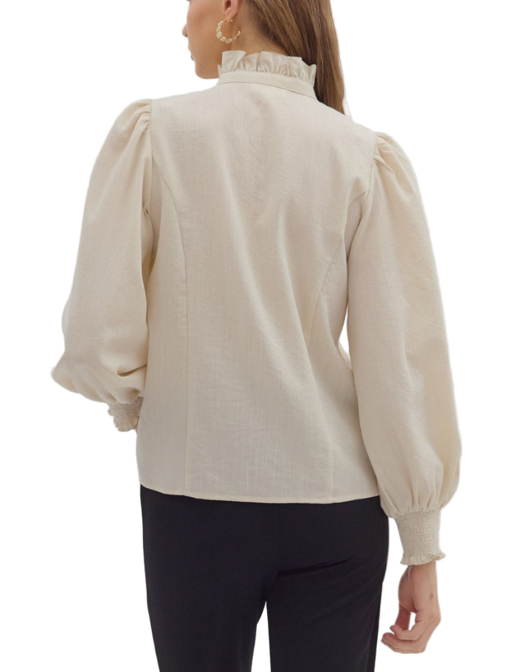 Solid smocked cuff band long sleeve top. Ruffle accent band collar button front closure. Lined. Woven. Non-sheer. Lightweight.
