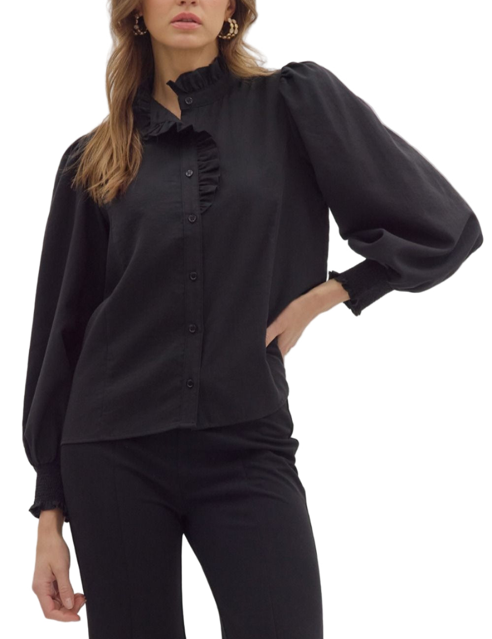 Solid smocked cuff band long sleeve top. Ruffle accent band collar button front closure. Lined. Woven. Non-sheer. Lightweight.
