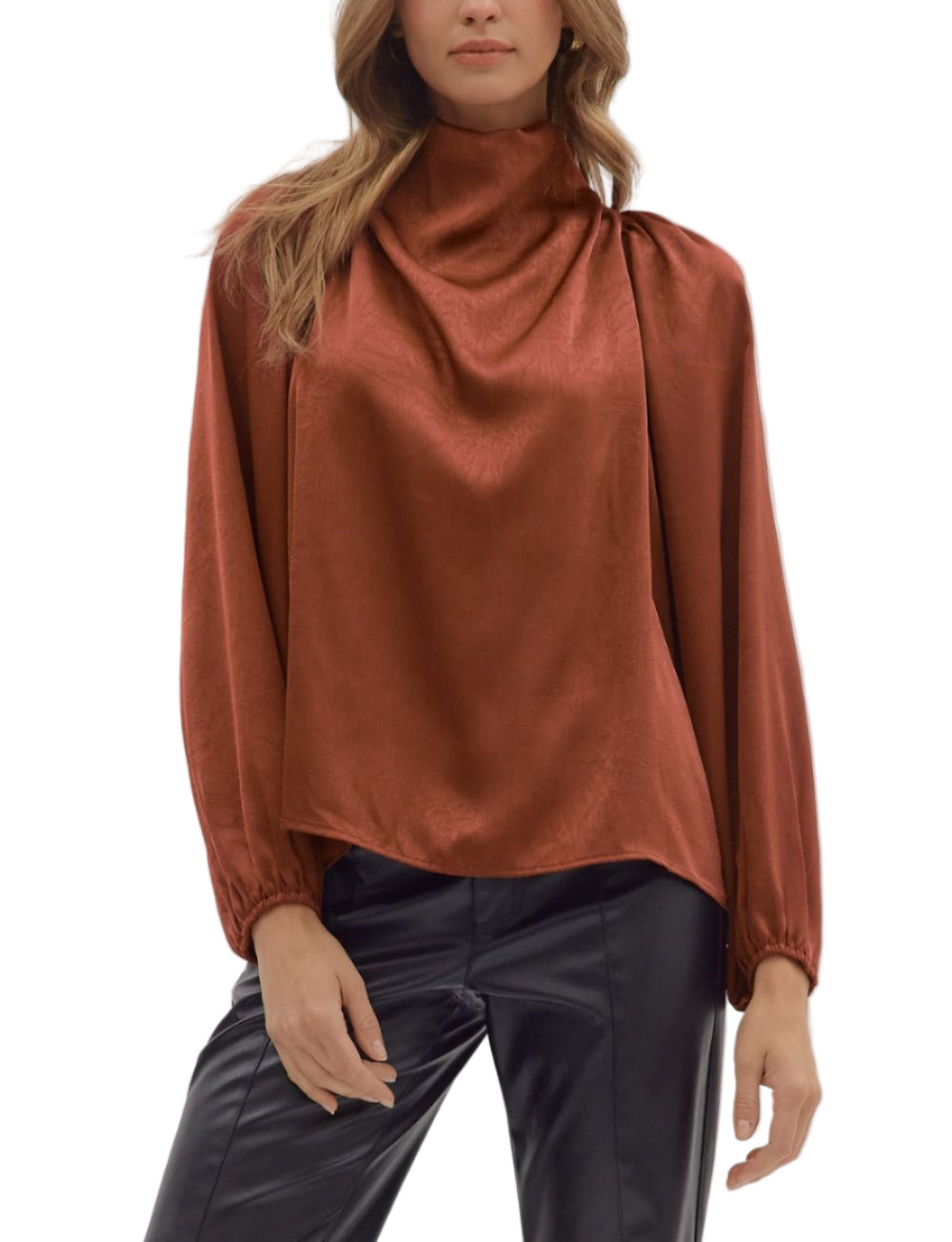 Solid long sleeve top featuring draped mock neck and back keyhole with button closure. Unlined. Woven. Non-sheer. Lightweight.
