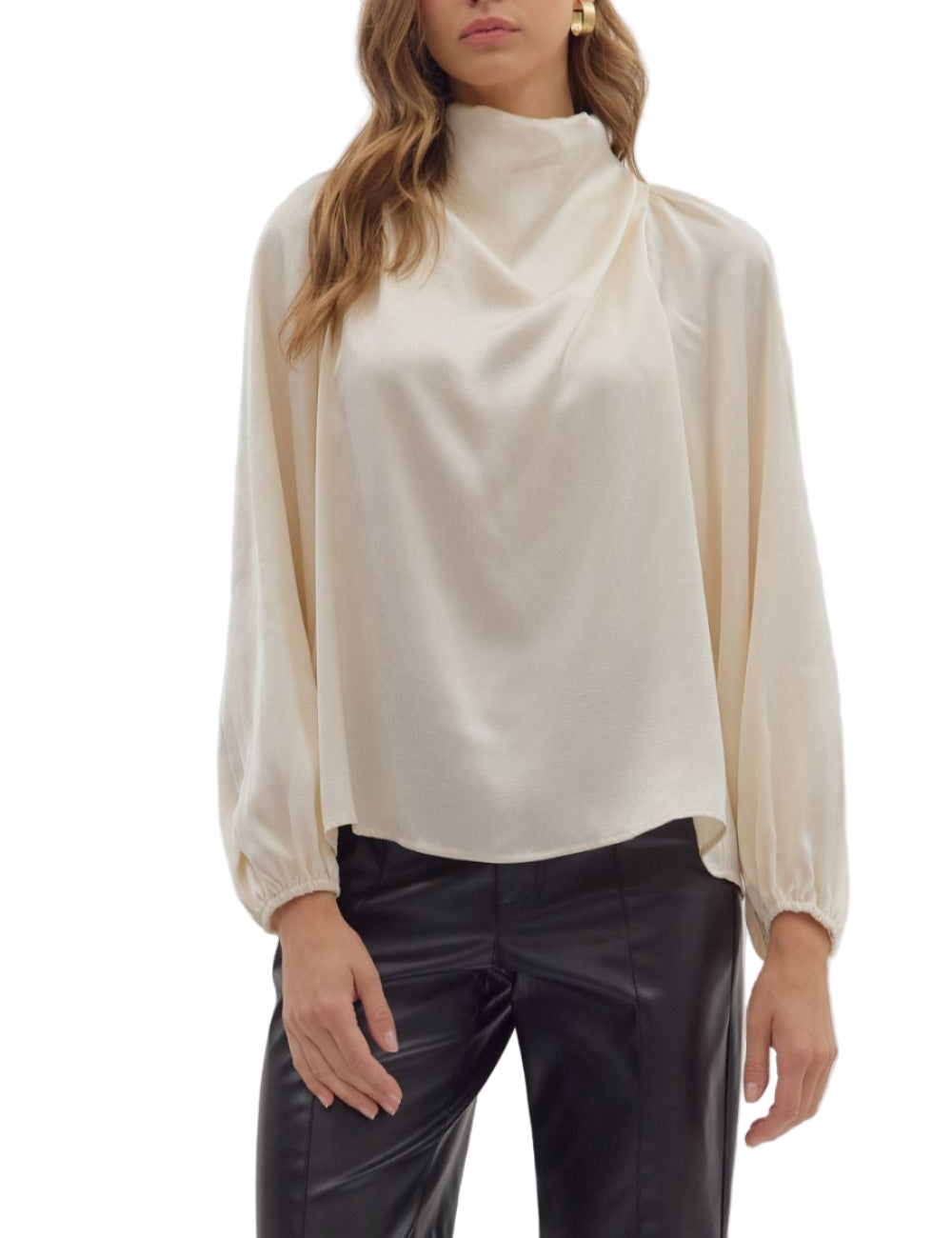 Solid long sleeve top featuring draped mock neck and back keyhole with button closure. Unlined. Woven. Non-sheer. Lightweight.
