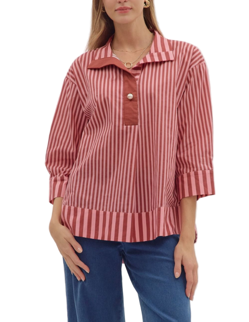 Stripe print 3/4 sleeve top featuring wide collar and pearl button at hidden placket. Button closures at cuffs. Unlined. Woven. Non-sheer. Lightweight.
