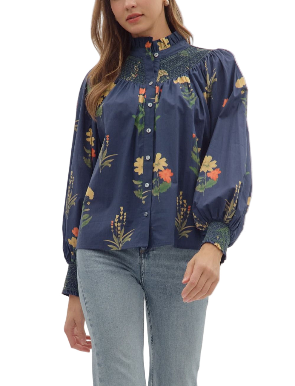 Floral print long sleeve top featuring smocked yoke and ruffled mock neck. Button closure at front. Smocked cuffs. Unlined. Woven. Non-sheer. Lightweight.
