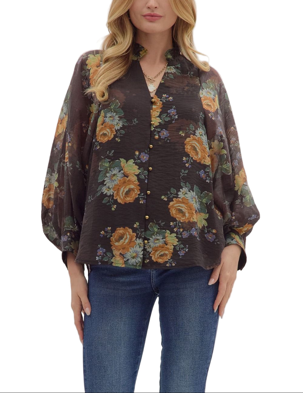 Floral print long puff sleeve top featuring ruffled band collar V-neck and button closure at front. Lined. Woven. Non-sheer. Lightweight.