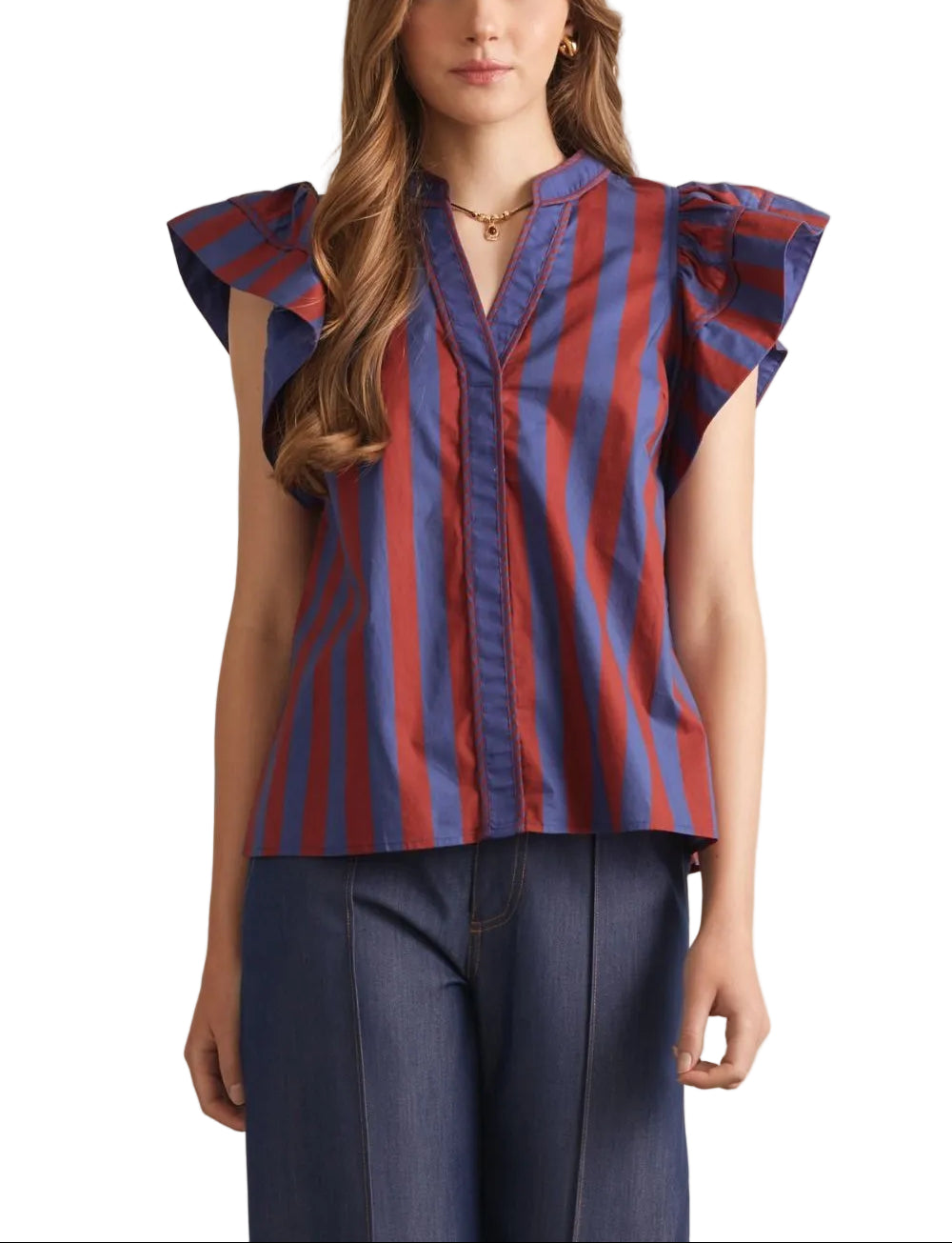 Striped flutter sleeve top featuring braided trim detail along V-neck. Unlined. Woven. Non-sheer. Lightweight.