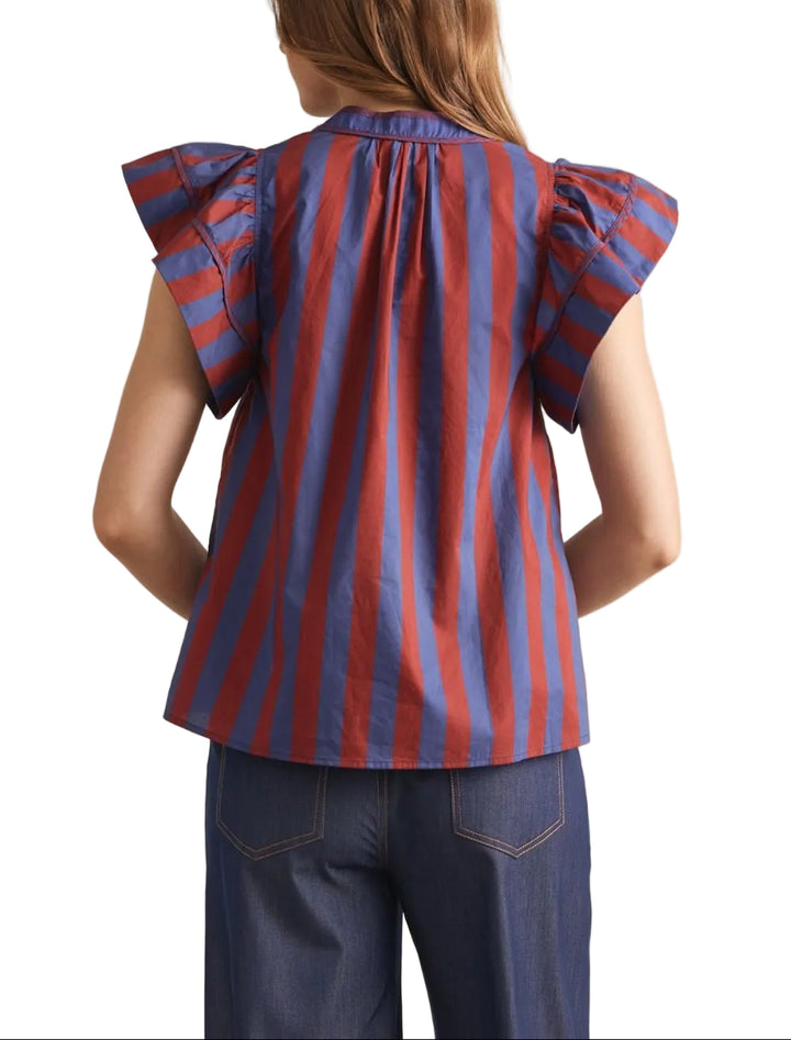 Striped flutter sleeve top featuring braided trim detail along V-neck. Unlined. Woven. Non-sheer. Lightweight.