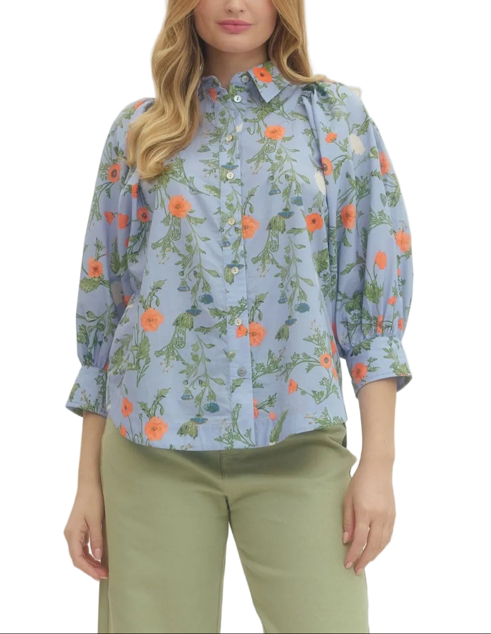 Bloom into spring with the Aurora Floral Print Top, where delicate florals meet effortless style. The charming 3/4 puff sleeves add a touch of whimsy and movement, while the romantic print brings color and personality to your everyday wardrobe. Perfect for layering or wearing solo, this versatile piece transitions seamlessly from casual coffee dates to weekend adventures. Soft, comfortable, and undeniably cute—your new go-to for looking put-together without trying too hard.