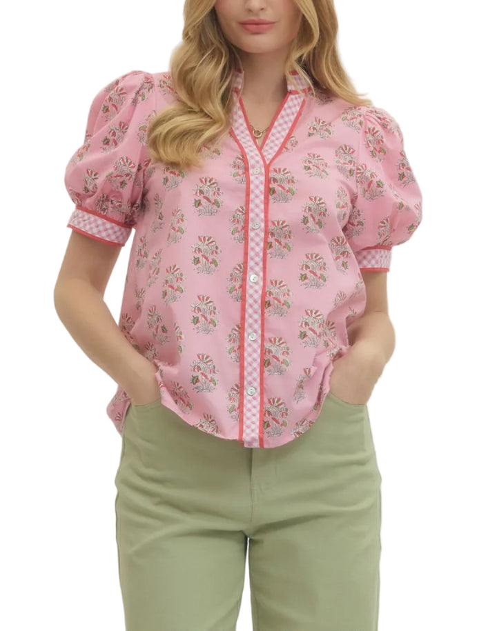 Floral print short puff sleeve top featuring contrast gingham binding at neckline, placket, and cuffs. Button closure at front. Unlined. Woven. Non-sheer. Lightweight.