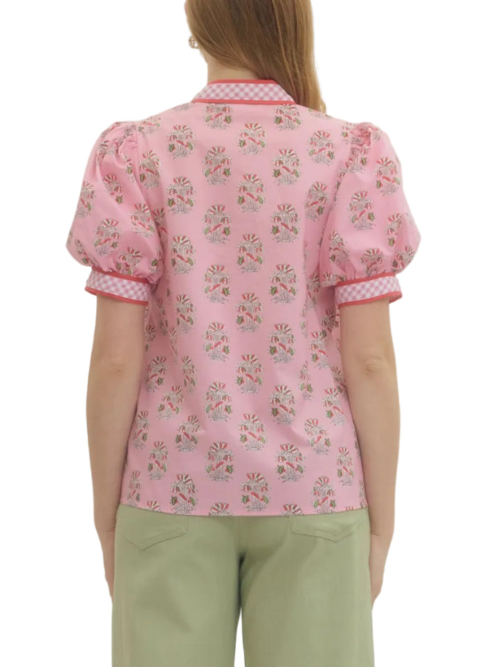 Floral print short puff sleeve top featuring contrast gingham binding at neckline, placket, and cuffs. Button closure at front. Unlined. Woven. Non-sheer. Lightweight.