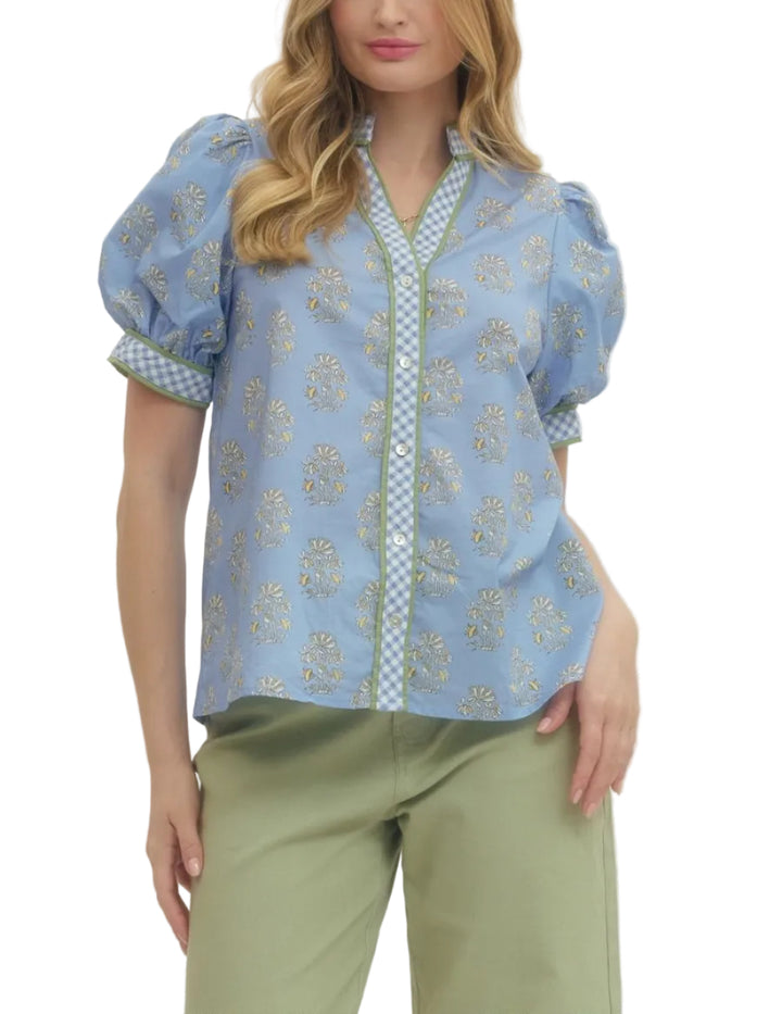 Floral print short puff sleeve top featuring contrast gingham binding at neckline, placket, and cuffs. Button closure at front. Unlined. Woven. Non-sheer. Lightweight.