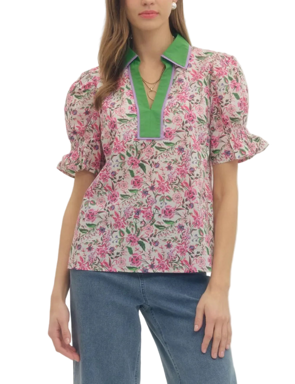 Floral print short puff sleeve waist-length top featuring contrast trim split V-neckline. Elasticated sleeve openings. Unlined. Woven. Non-sheer. Lightweight.