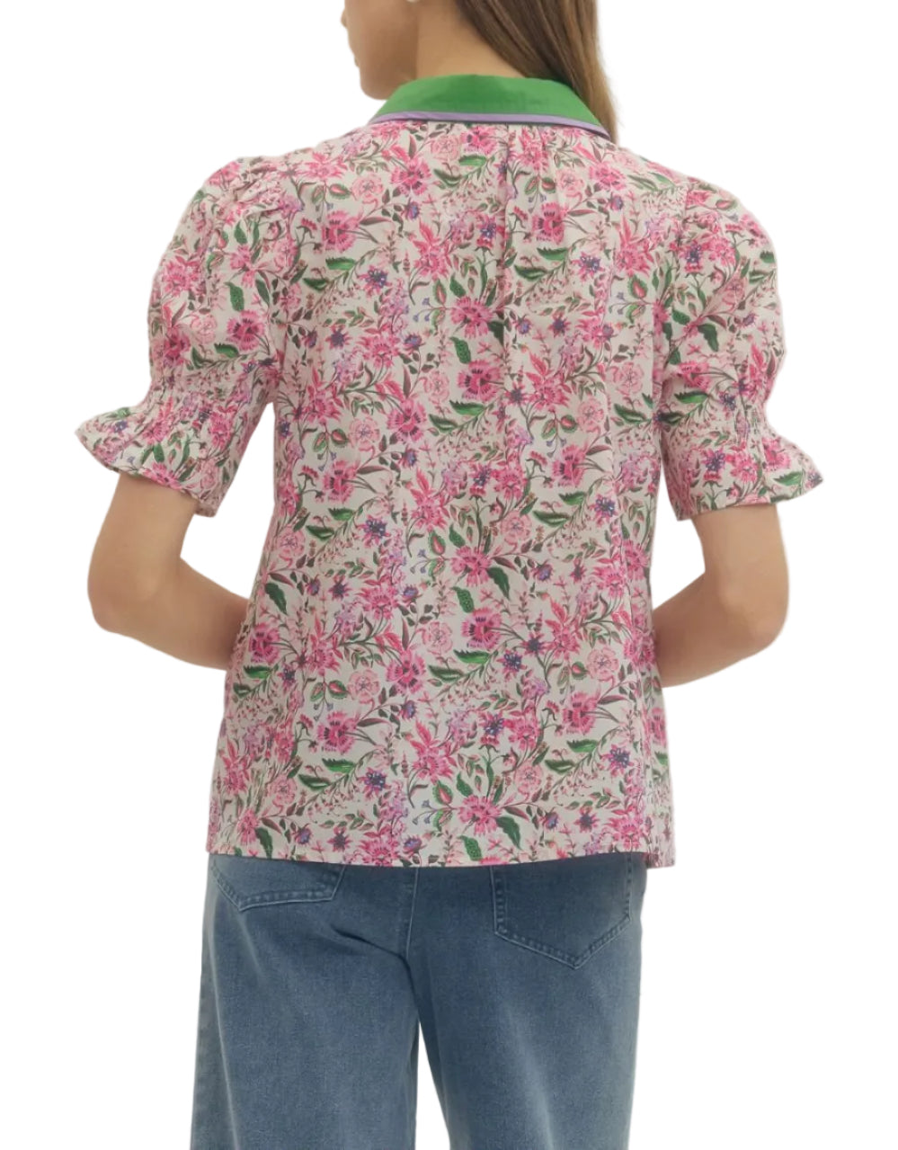 Floral print short puff sleeve waist-length top featuring contrast trim split V-neckline. Elasticated sleeve openings. Unlined. Woven. Non-sheer. Lightweight.