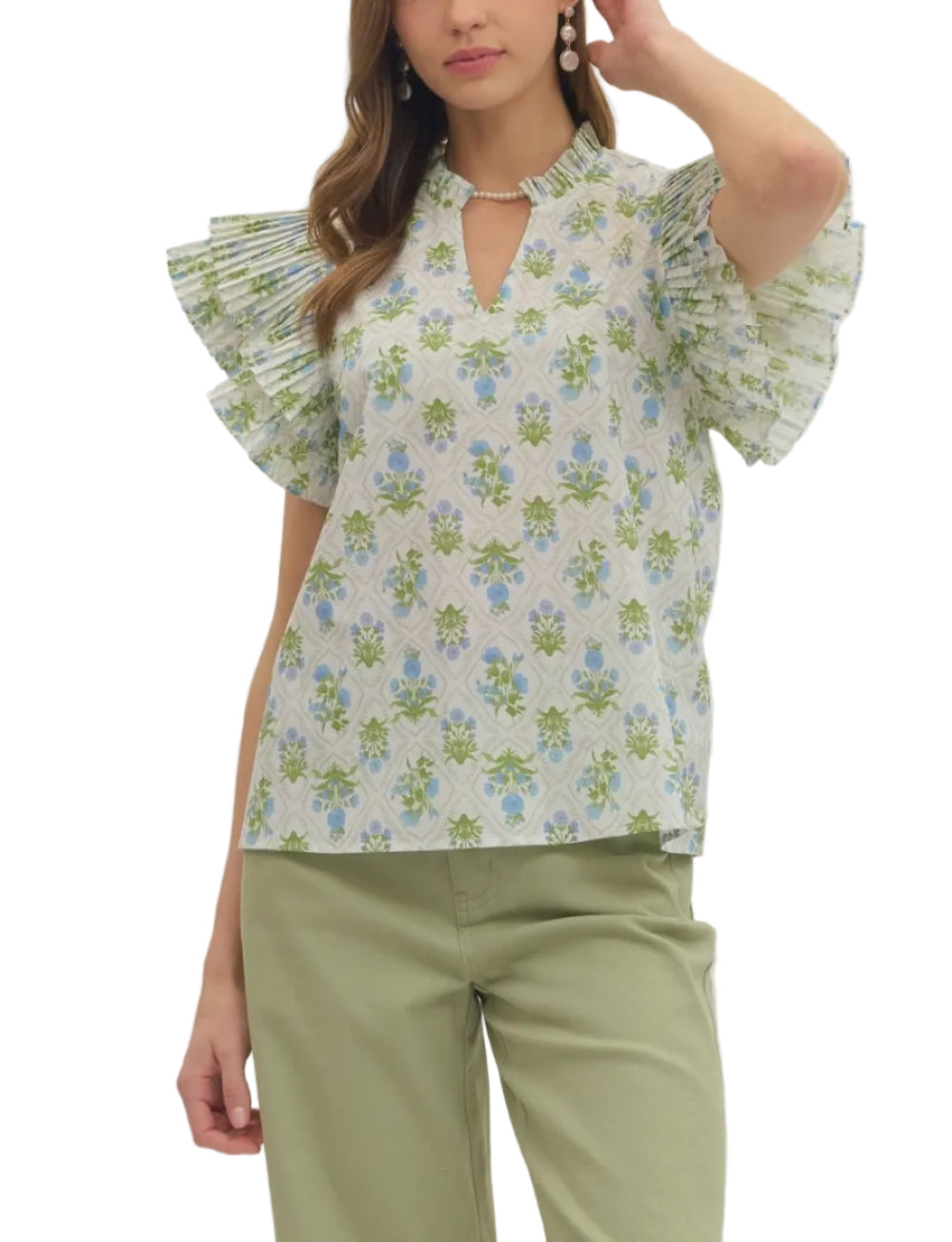 Solid wide leg pants featuring scallop embroidered hem. Zip-fly button front closure. Pocket at front and back. Unlined. Woven. Non-sheer. Lightweight.
